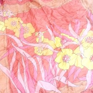 Vintage Cotton Scarf Ascot Wrap Birds Flowers Large 70s 80s 90s